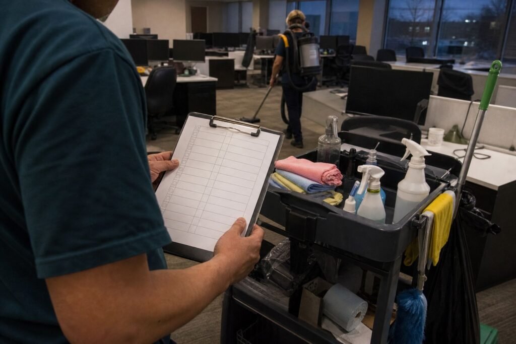 Cleaner holding a clipboard checklist