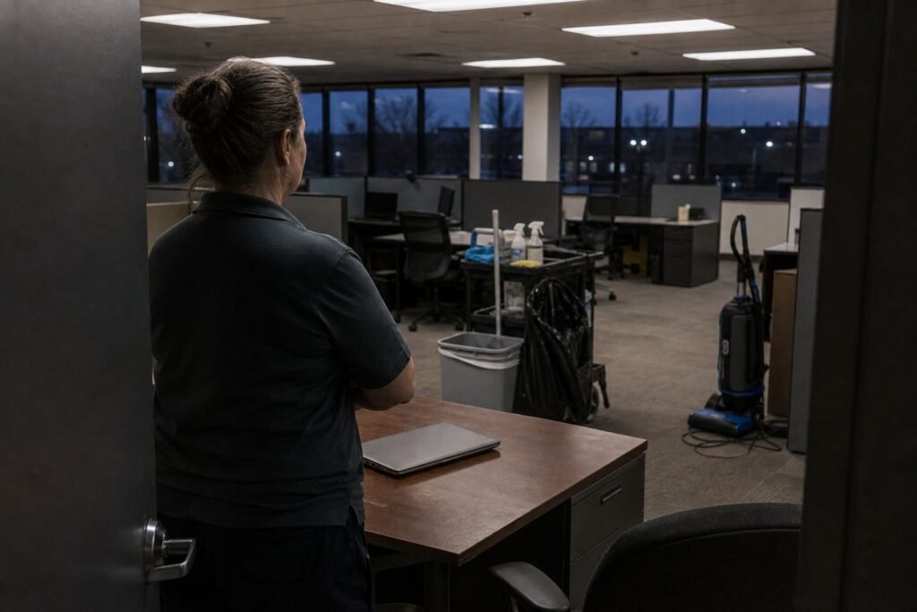 Office manager looking over a clean office in the evening