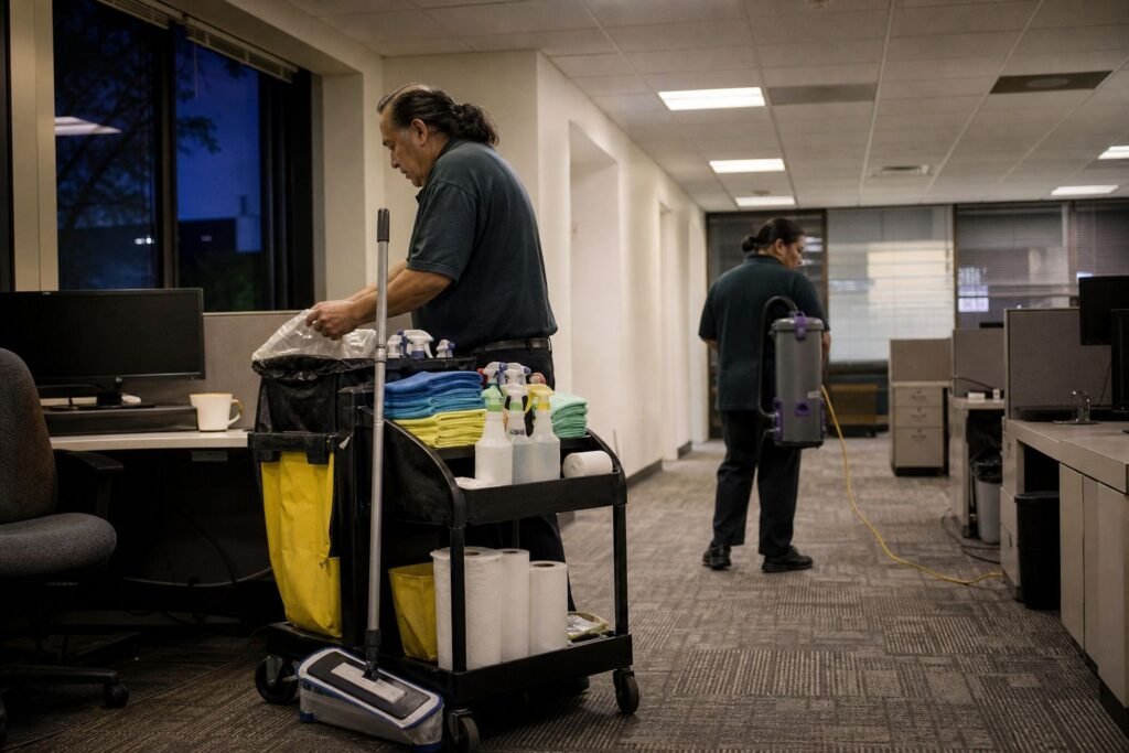 Well-stocked janitorial cart in an office corridor
