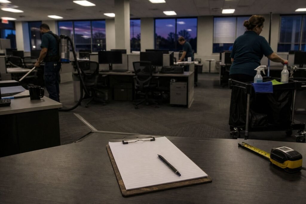 Clipboard and tape measure on an office desk