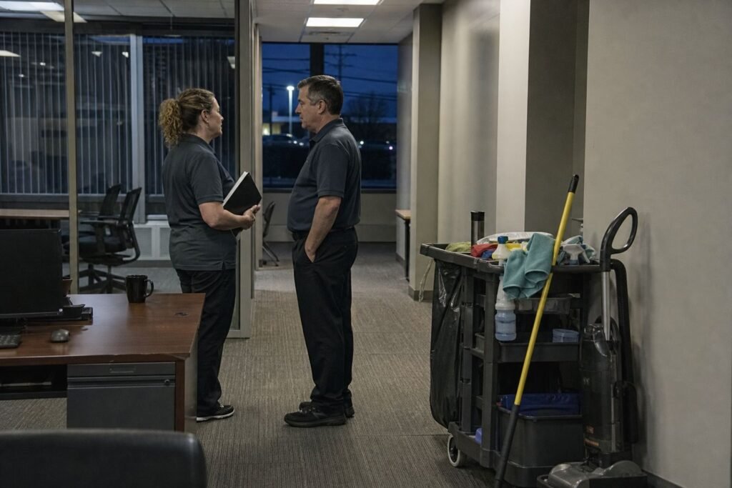 Facility manager and cleaner talking in an office lobby