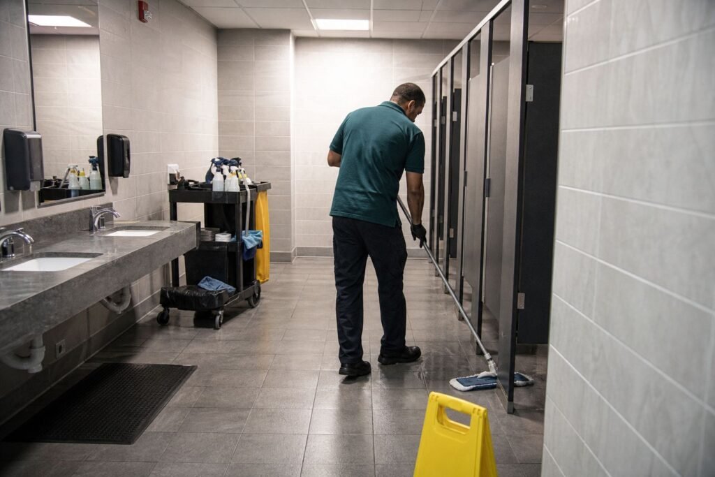 Cleaner mopping an office restroom floor