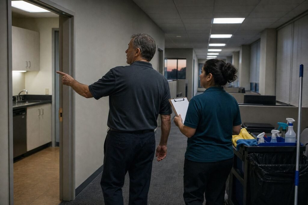 Office manager walking a cleaner through an office during a walkthrough