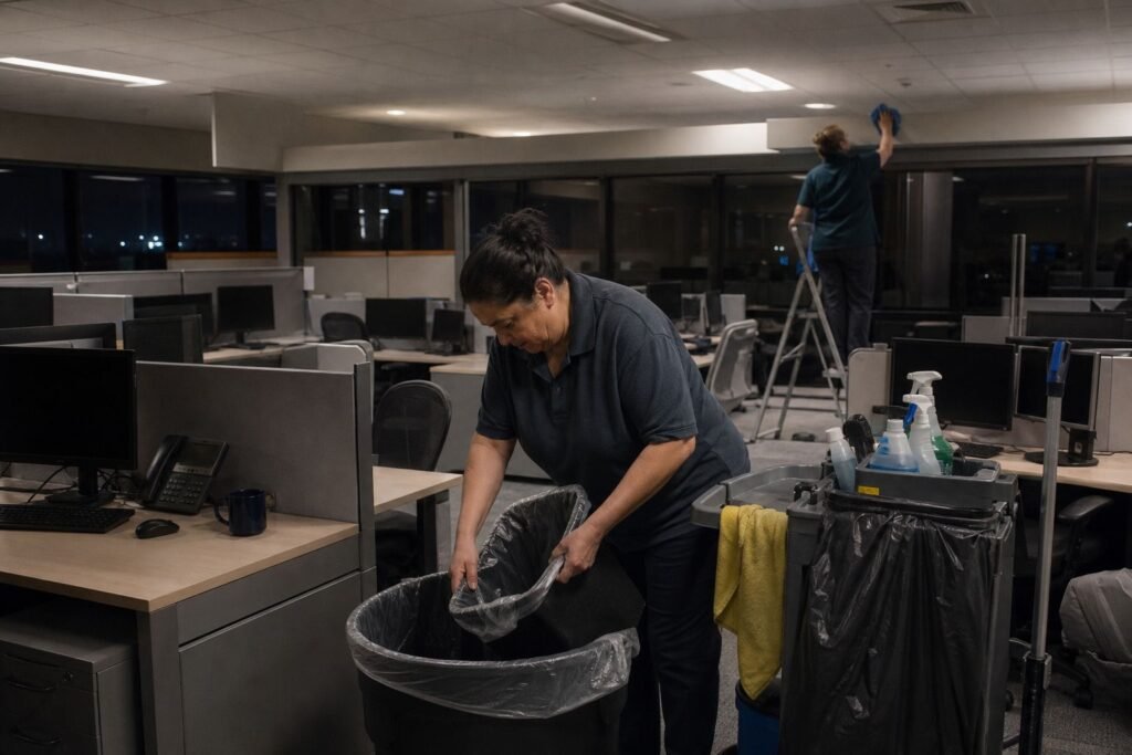 Two cleaners handling routine and detail cleaning in an office