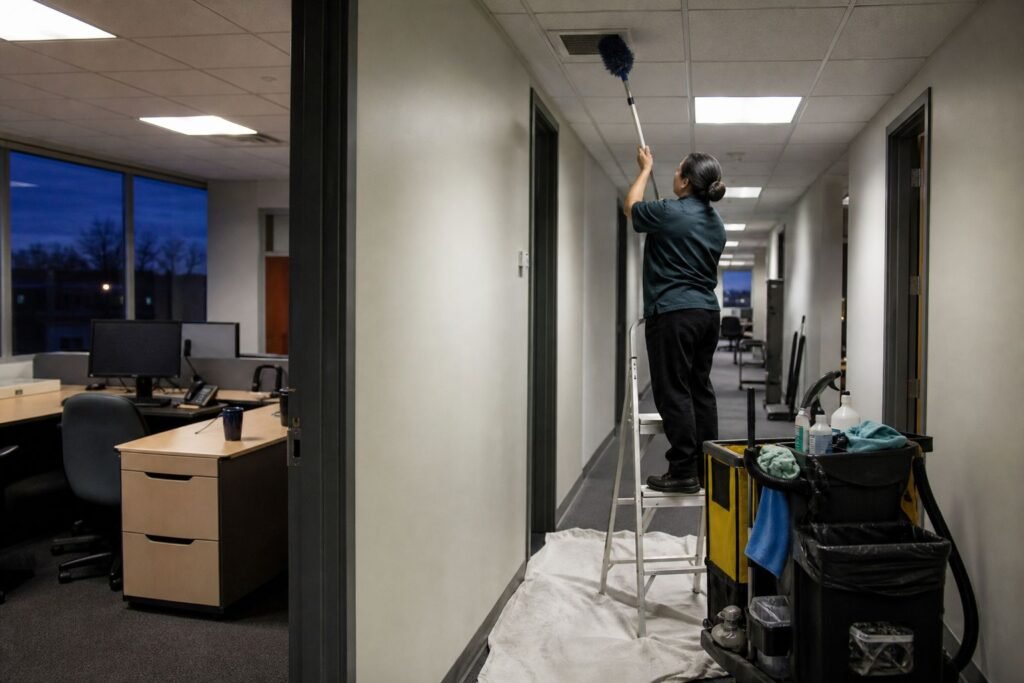 Cleaner dusting a ceiling air vent during a deep clean