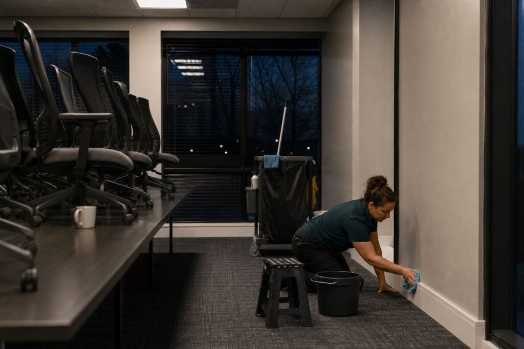 Cleaner detail-cleaning baseboards in an empty conference room
