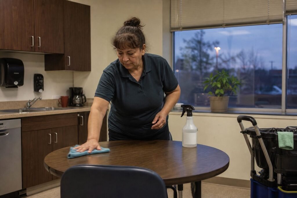 Cleaner wiping an office kitchen table