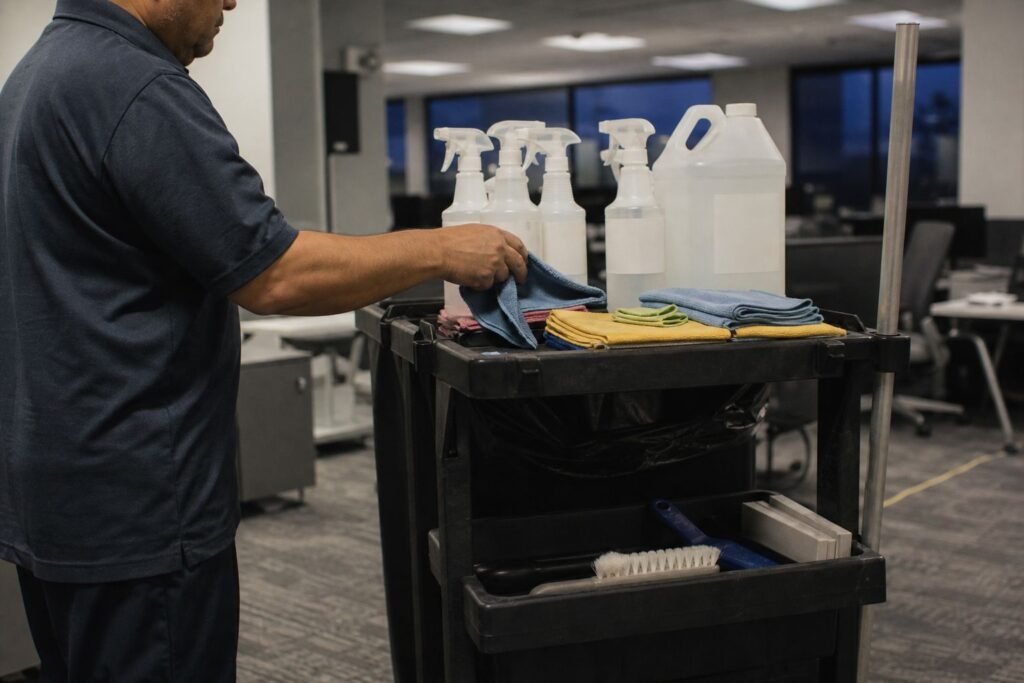Refillable spray bottles and microfiber cloths on a cleaning cart