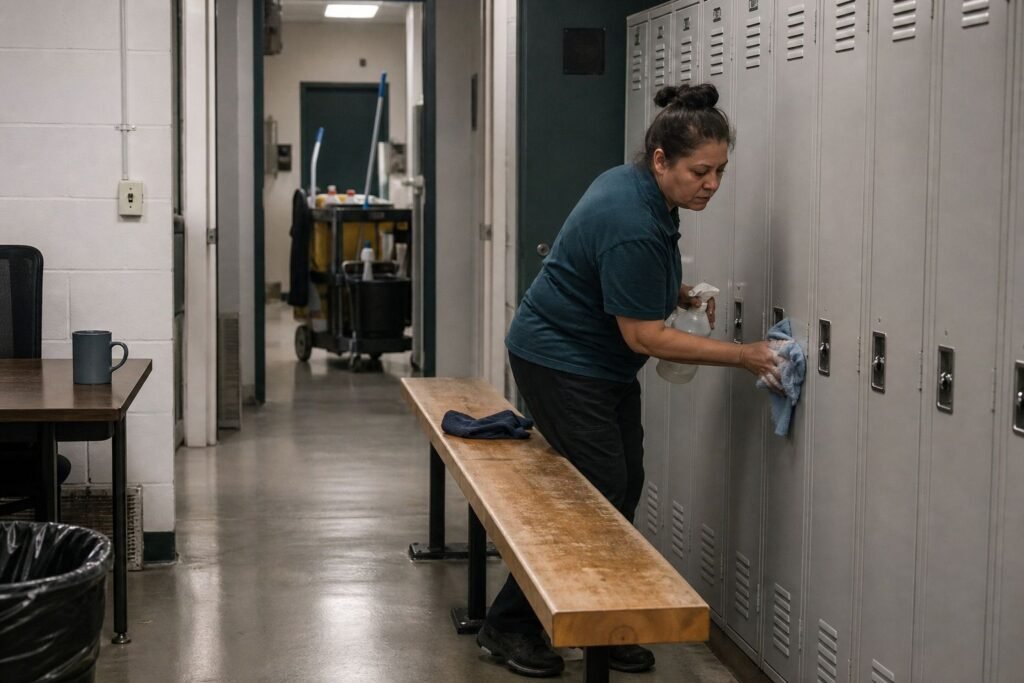Cleaner wiping down lockers in a warehouse locker room