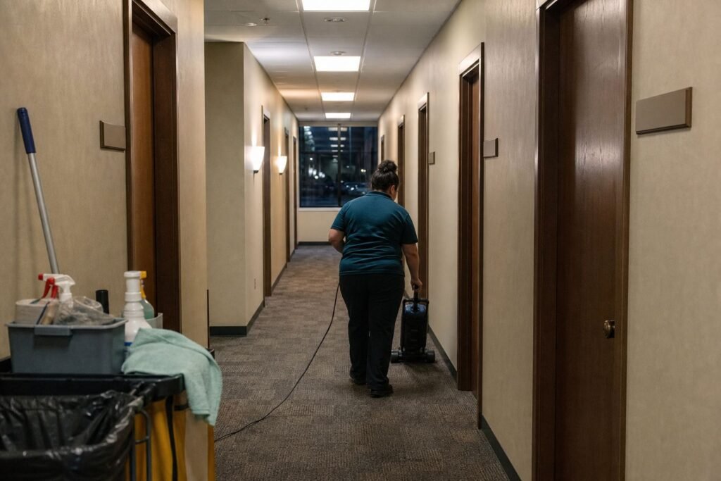 Cleaner vacuuming the hallway of a multi-tenant office building