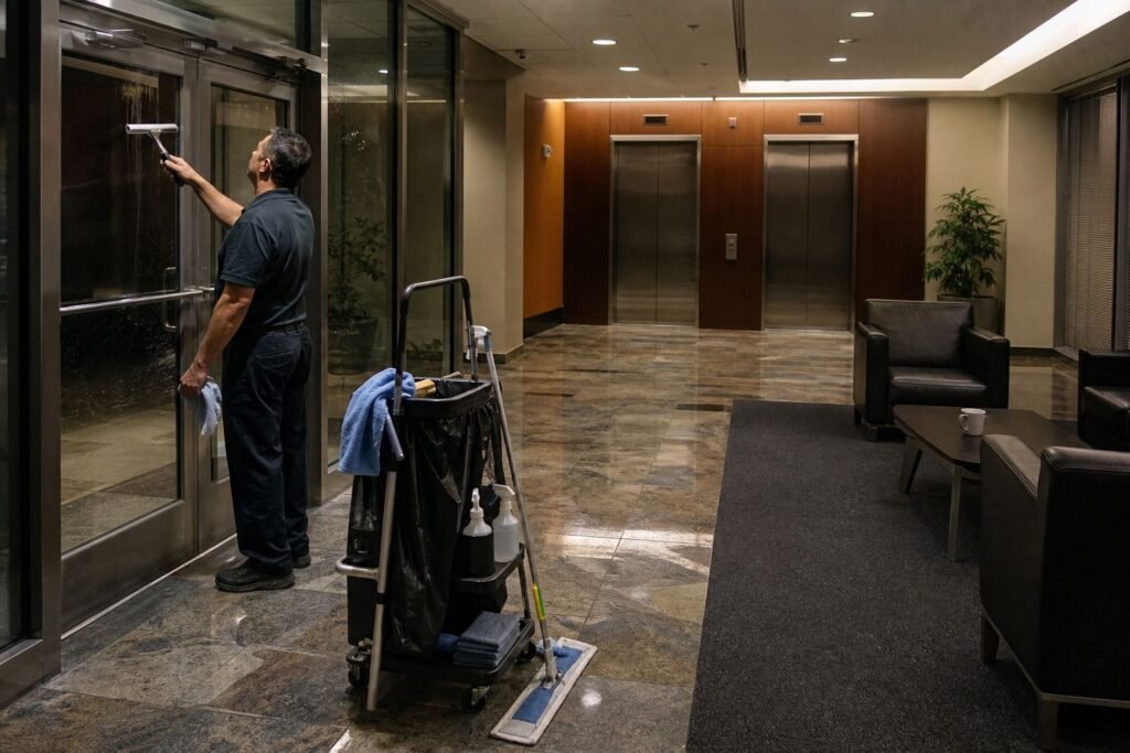 Cleaner squeegeeing the glass entrance doors of an office building lobby