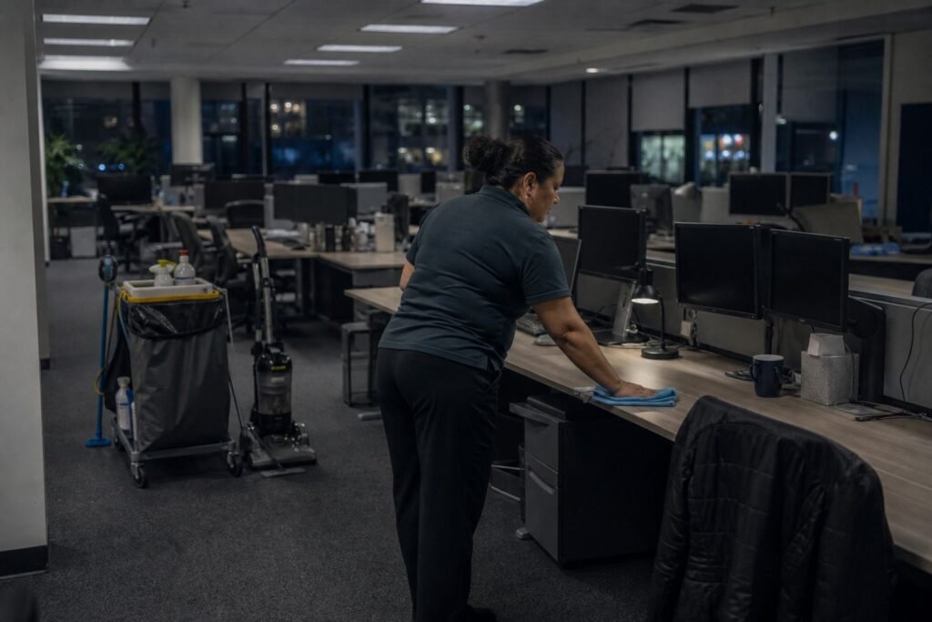 Cleaner wiping a shared desk in an empty open-plan office at night