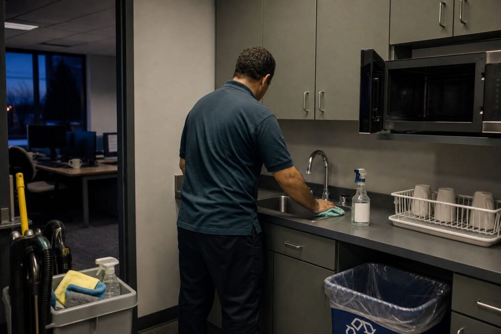 Cleaner wiping down an office break room sink at night