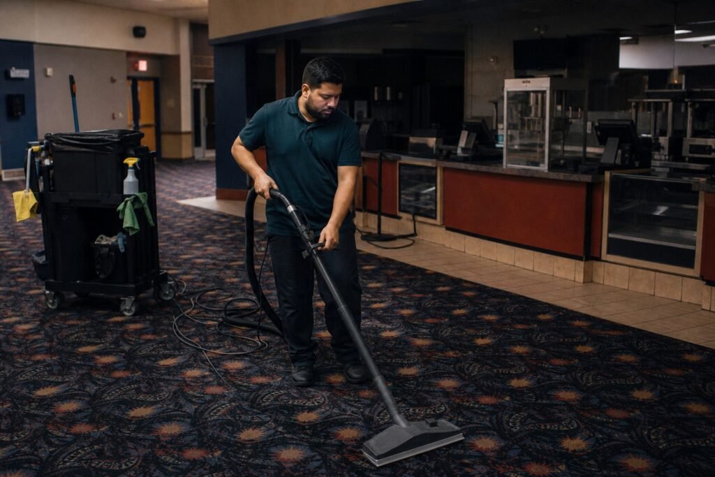 Cleaner vacuuming a movie theater lobby after close