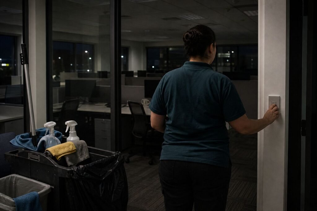 Cleaner turning off the lights in a clean office at night