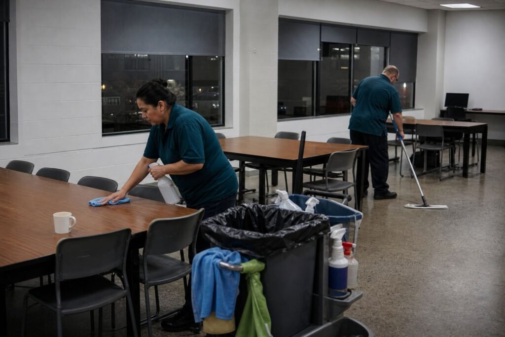 Cleaner sanitizing tables in a light manufacturing break area