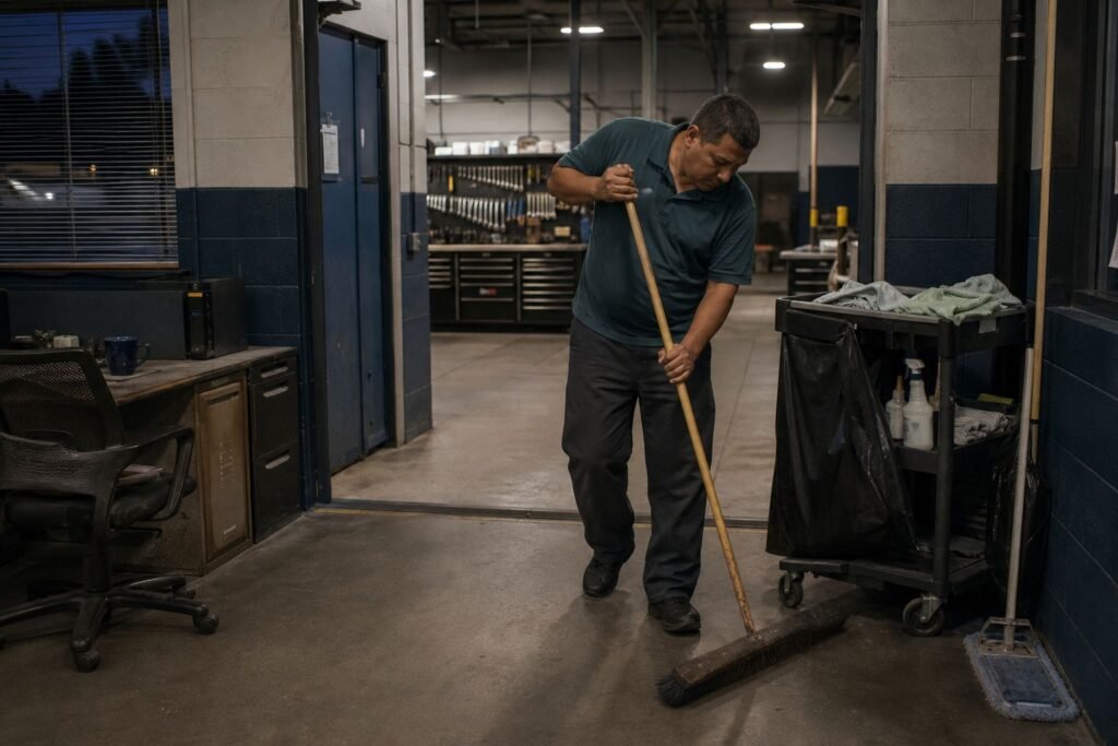 Cleaner sweeping the entry of a service shop