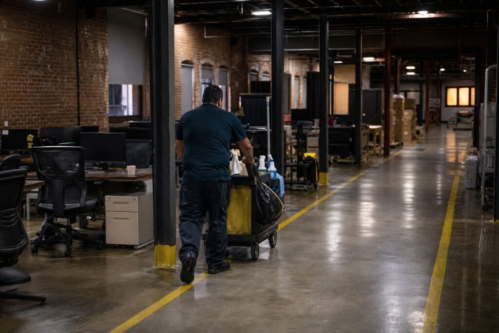 Cleaner pushing a cleaning cart down an urban warehouse aisle