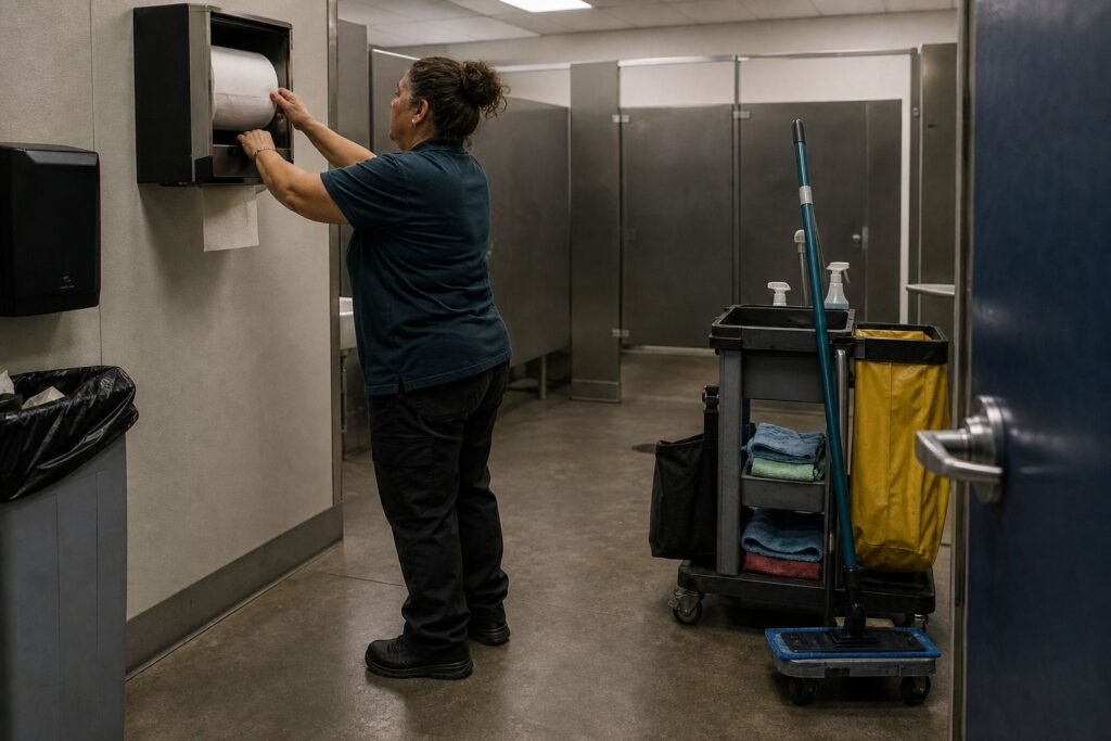 Cleaner refilling a dispenser in a warehouse restroom