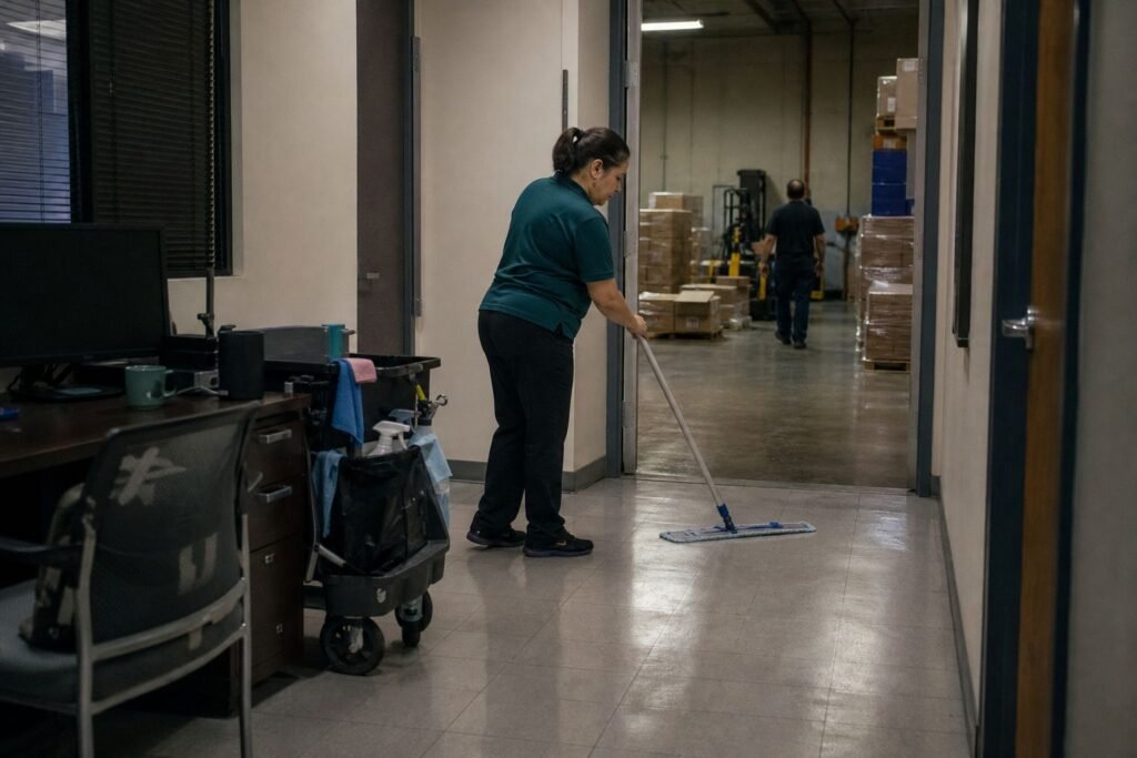 Cleaner mopping the doorway between office and warehouse