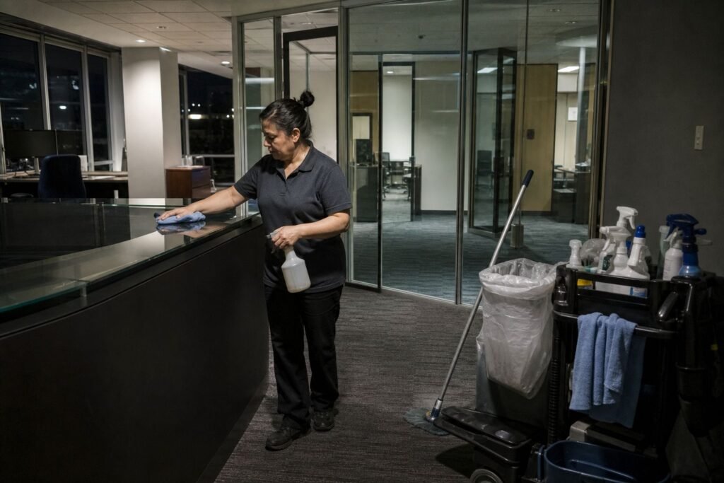 Cleaner wiping down an office reception desk