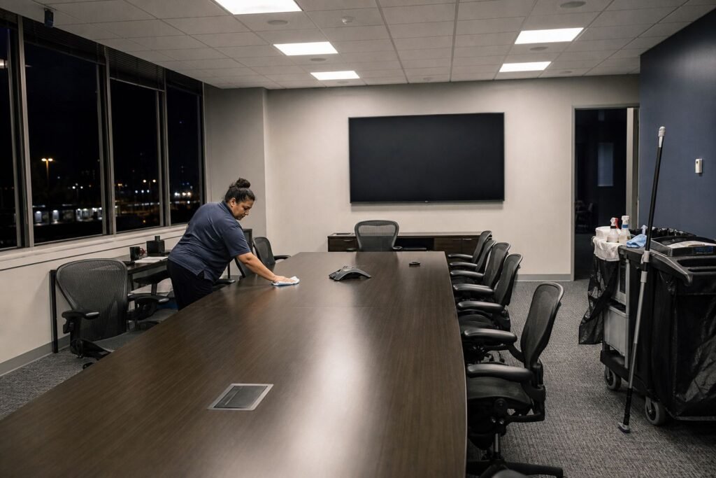 Cleaner wiping a large conference table at night