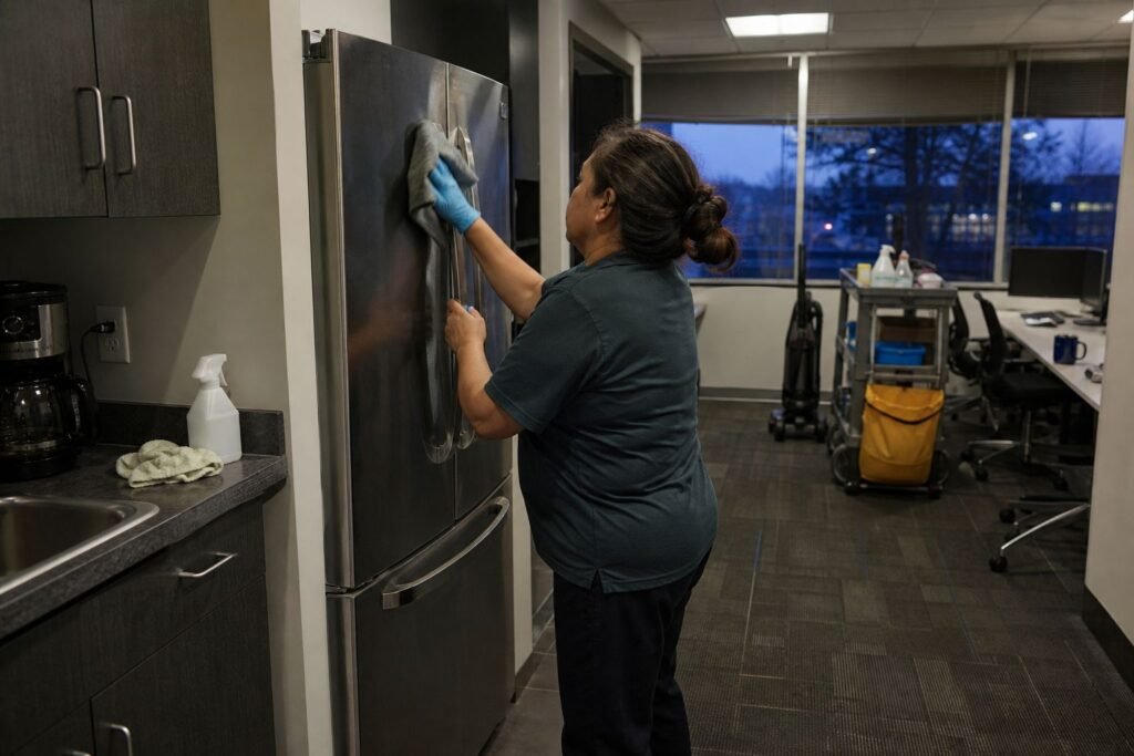 Cleaner wiping refrigerator handles in an office kitchenette
