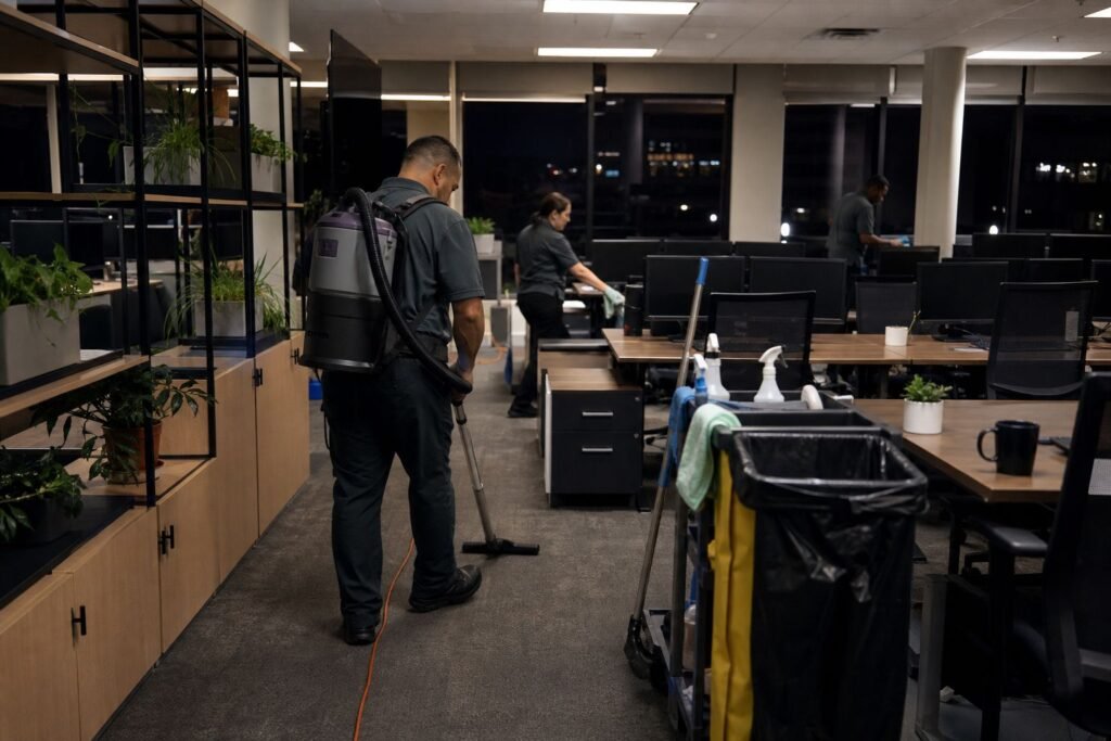 Cleaner using a backpack vacuum in an open office