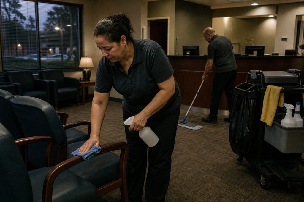 Cleaner disinfecting waiting room chairs in a medical office after hours