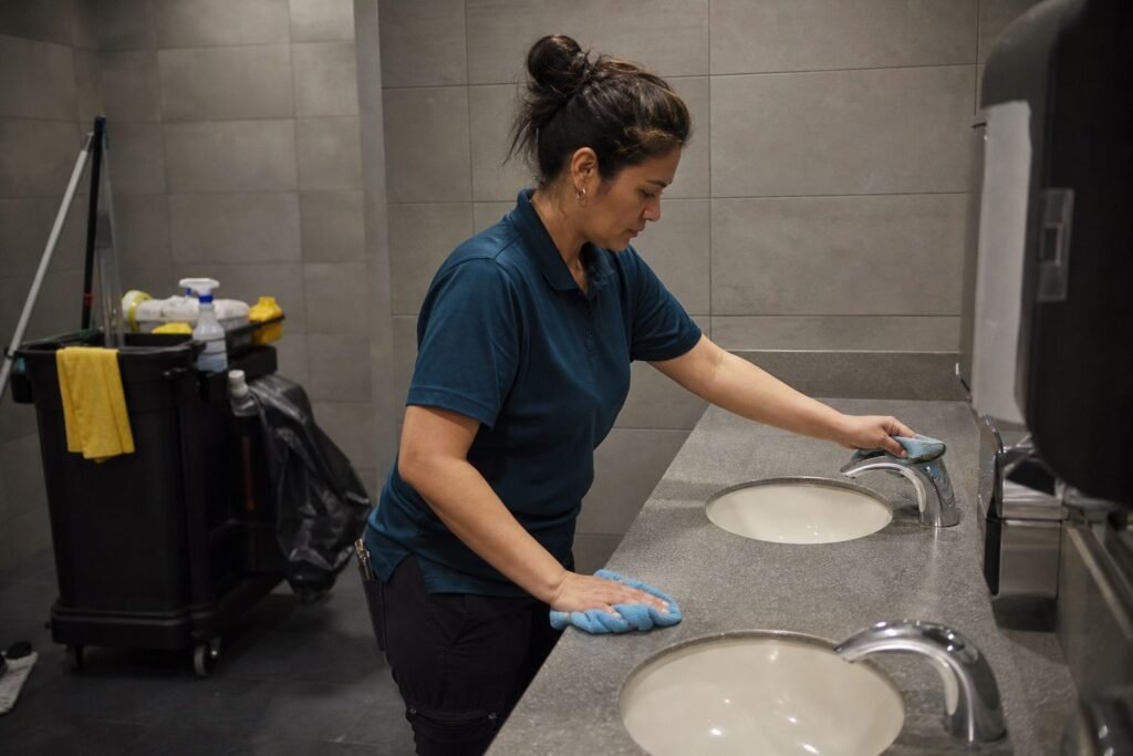 Cleaner cleaning the mirror in an office restroom