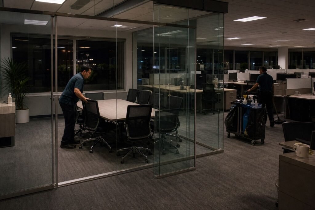 Cleaner resetting a conference room in a suburban office suite
