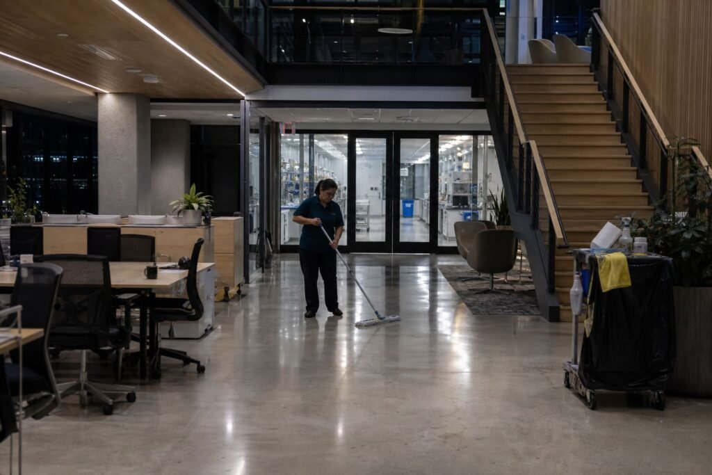 Cleaner mopping the atrium of a modern office building at night