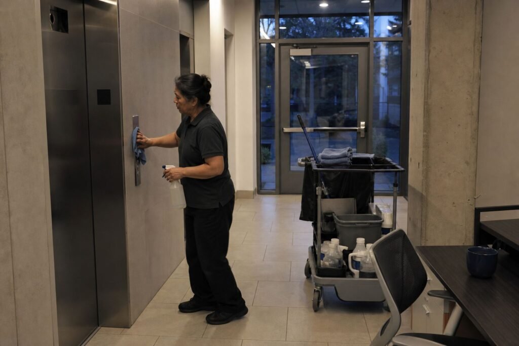 Cleaner wiping elevator doors in a mixed-use building lobby