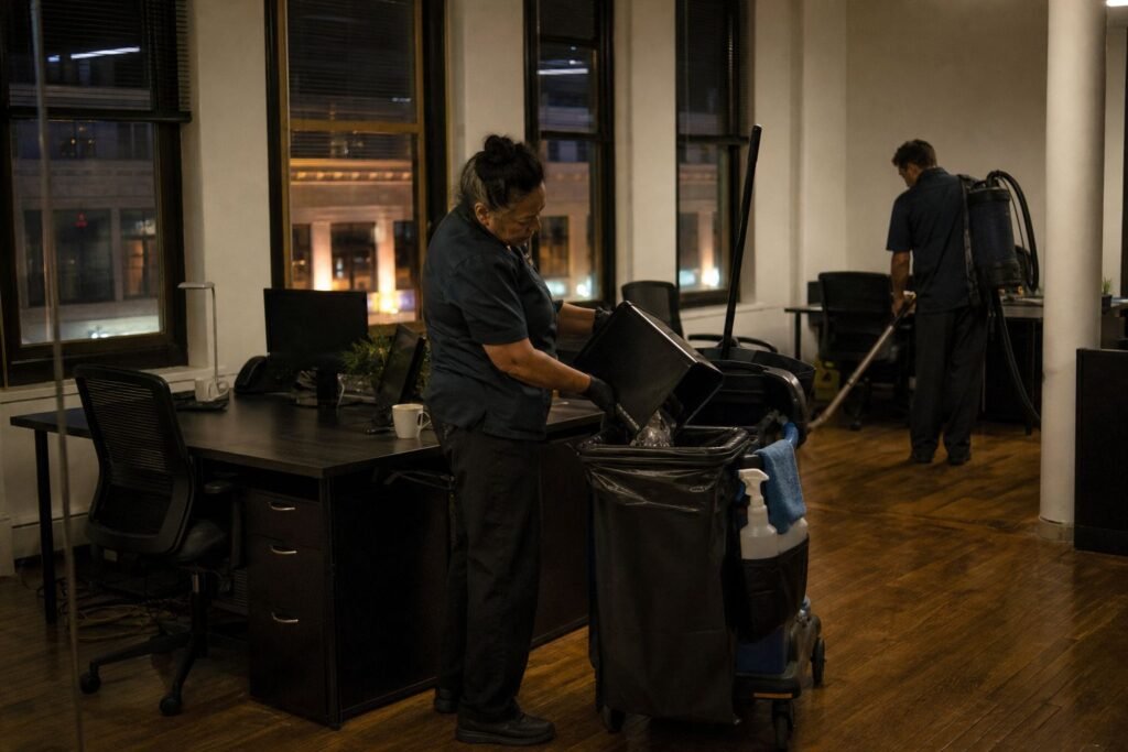 Cleaner emptying bins in a small downtown office at night