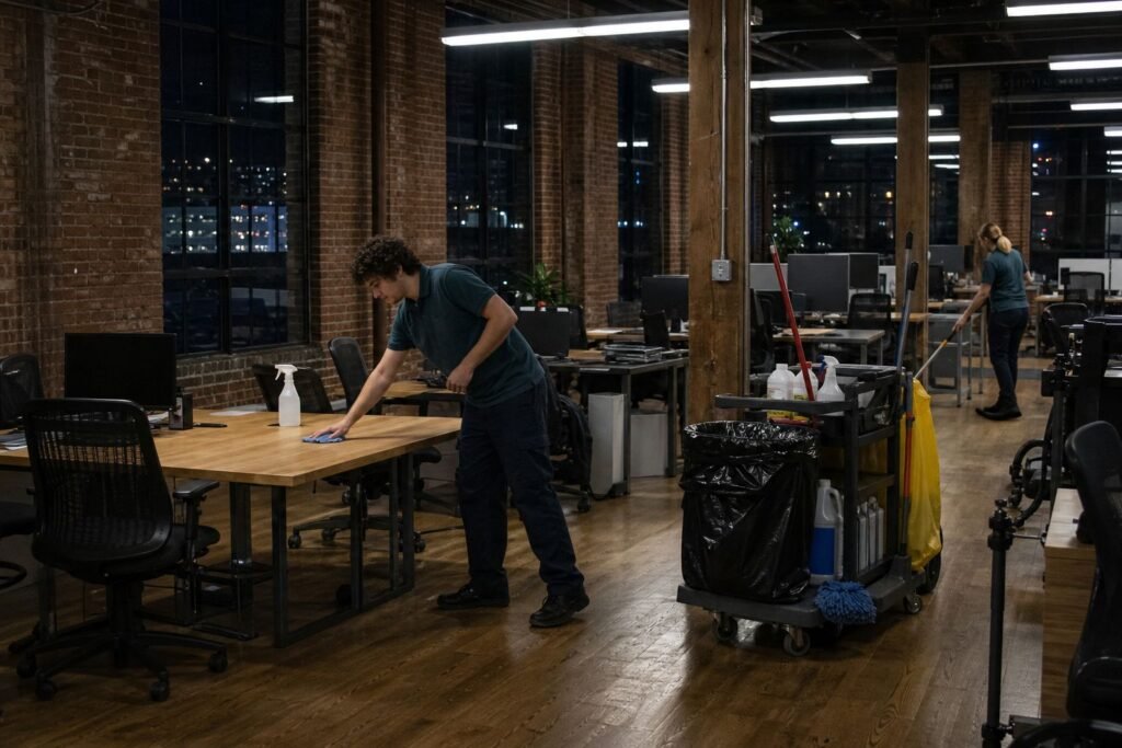 Cleaner wiping tables in a converted brick loft office at night