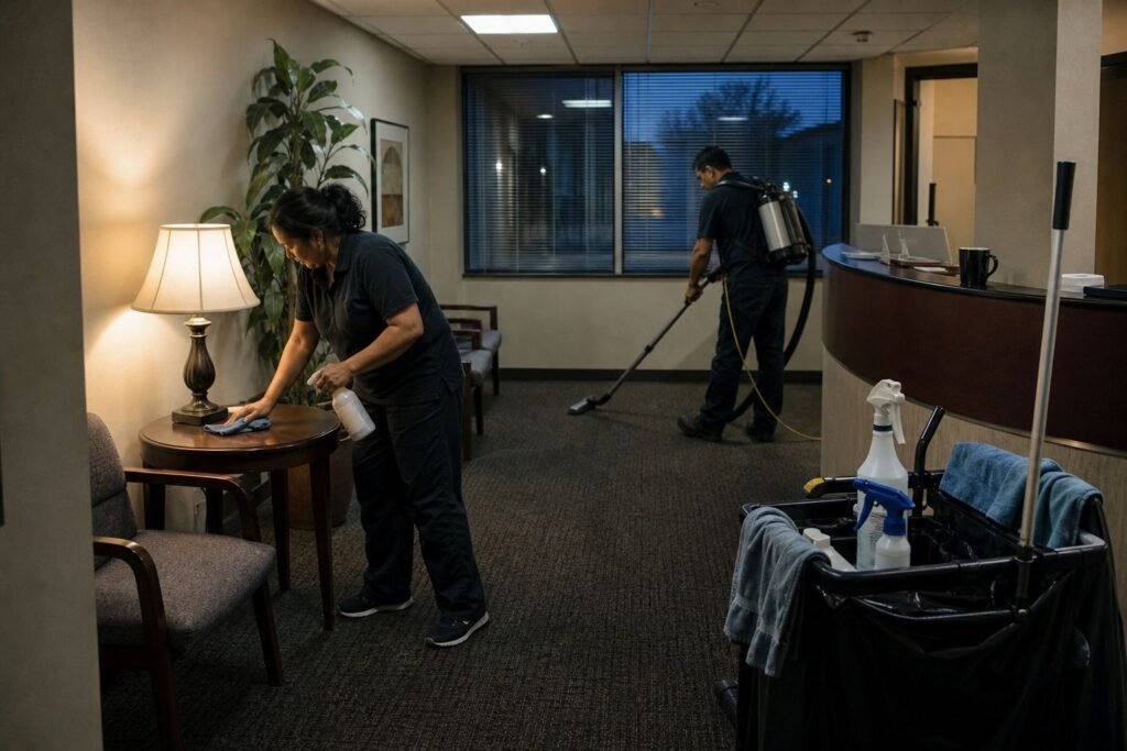 Cleaners tidying a small professional office waiting room