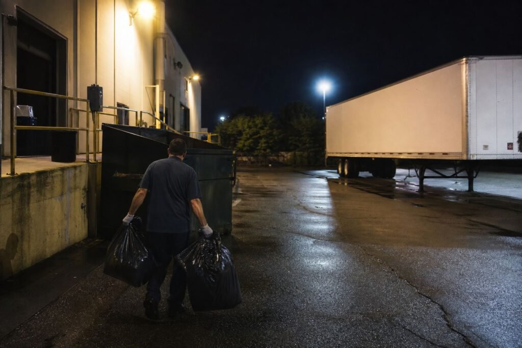 Cleaner taking trash out at a warehouse loading dock at night