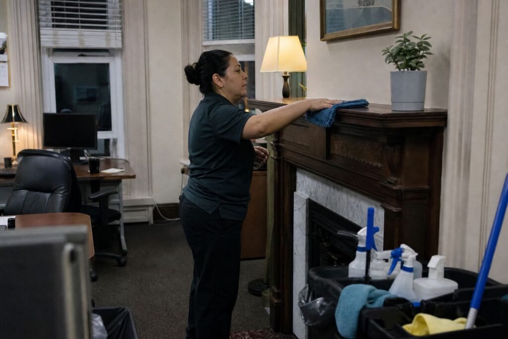 Cleaner dusting wood trim in an office in an older building